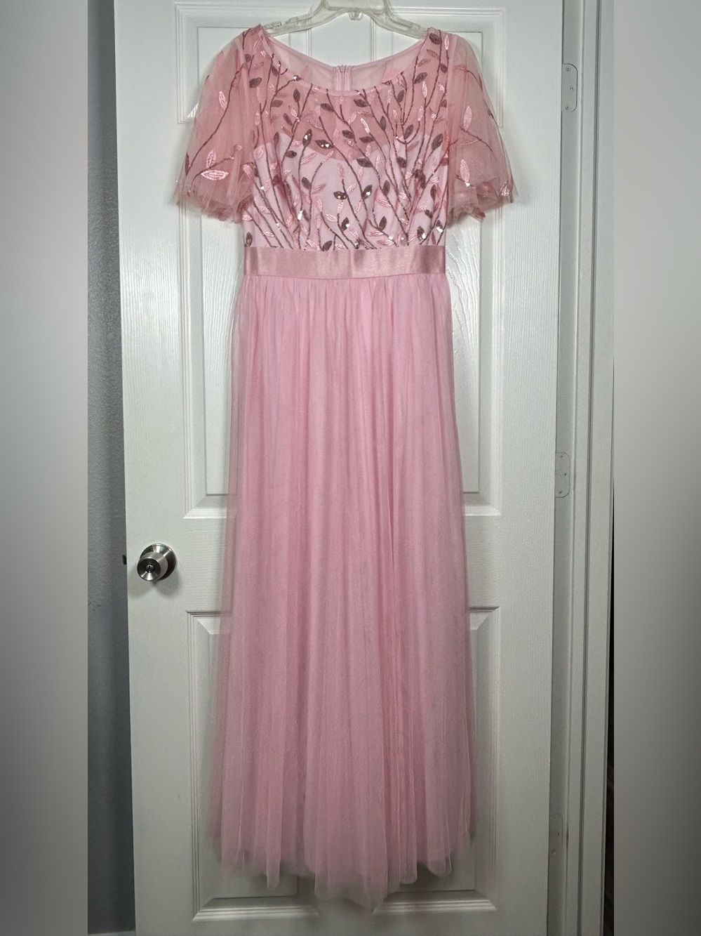 Ever-Pretty Women's 2XL Formal Pink Round Neck Short Sleeves A-Line Tulle Sequin
